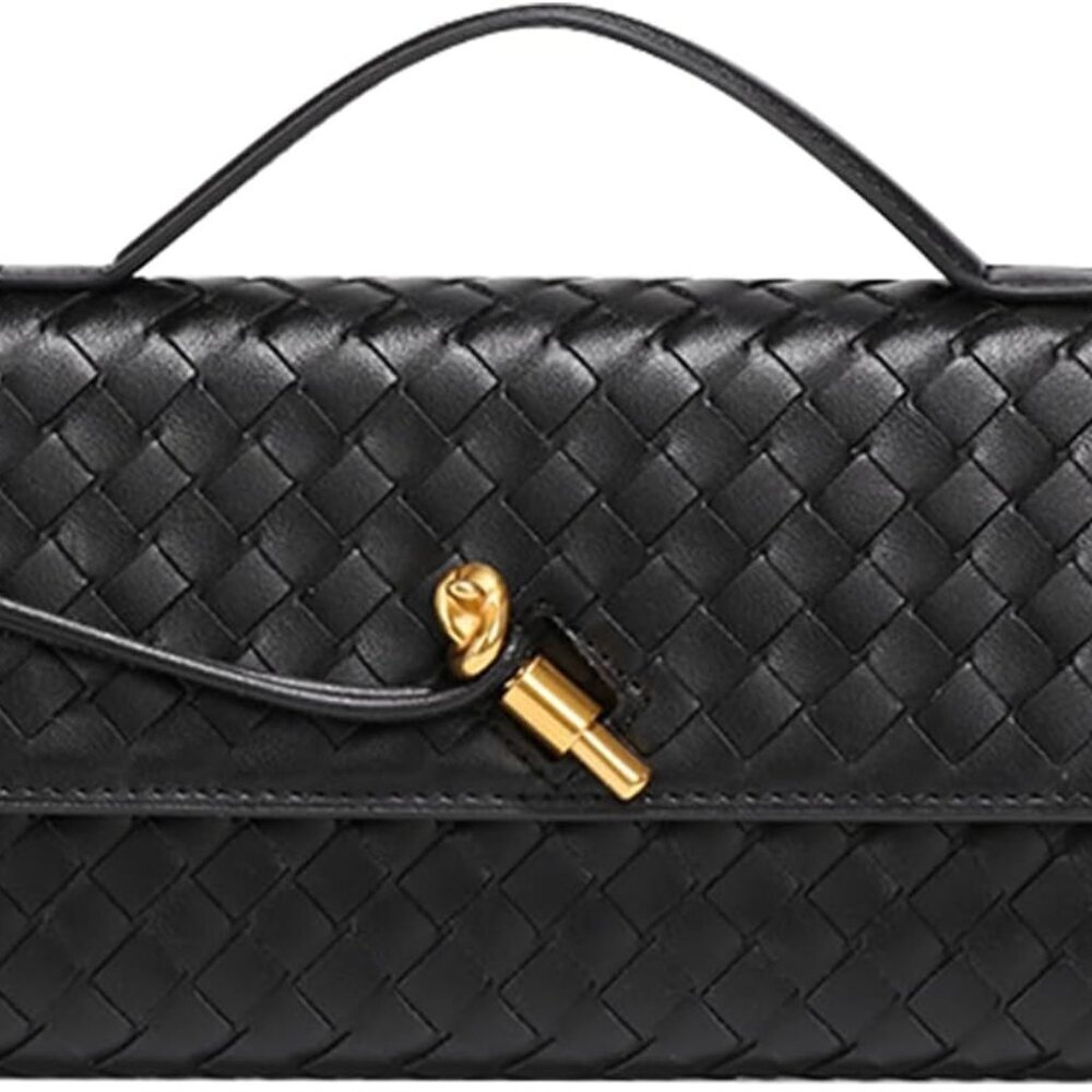 Black woven vegan PU leather evening clutch with gold hardware, compact yet spac